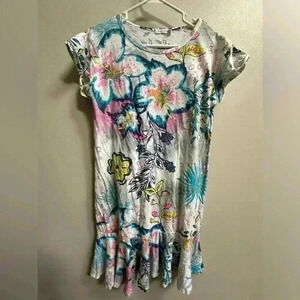 EUC | Fresh Produce Tropical Print T-Shirt Dress w/ Ruffle | Women’s S/M